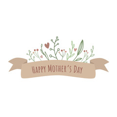 Happy Mother’s Day. Hand drawn vector illustration of ribbon title and doodle plants. Rustic. Isolated on white background.