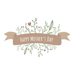 Happy mother's day. Vector illustration of ribbon title and floral ornaments. Element isolated on white background. Hand drawn greeting card template. - 332859696