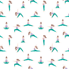 Seamless pattern with beauty woman in yoga positions. Texture background with fitness female character doing various asanas.
