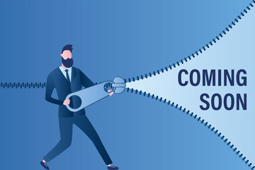 Businessman opens zipper, soon opening a new business or project. Handsome male character unlock new shop © naum