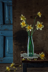 Bouquet of fresh yellow spring flowers of daffodils in different vases on an old wooden vintage background. Still life.