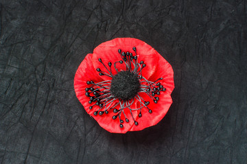 Brooch in the form of an artificial poppy on a black background.