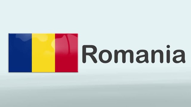 3d Presentation promo intro in white background with a colorful ribon of the flag and country of Romania