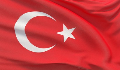 Waving national flag of Turkey. Waved highly detailed close-up 3D render.