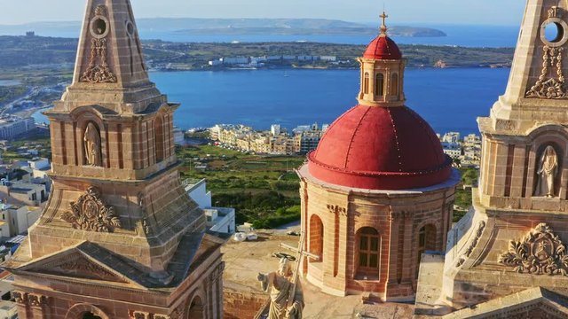 Aerial view close up view of Mellieha Parish Church or Birth of Our Lady.  Maltese island