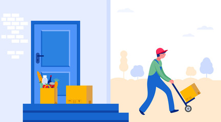 Food delivery service concept, online order tracking. Warehouse, truck and scooter courier, with a delivery man in a respirator mask. Vector illustration