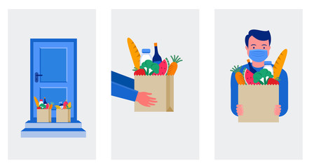 Food delivery service concept, online order tracking. Warehouse, truck and scooter courier, with a delivery man in a respirator mask. Vector illustration