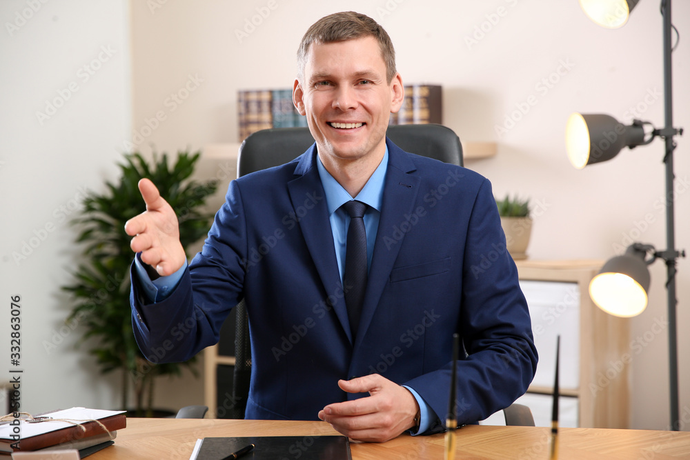 Poster man using video chat in office, view from web camera