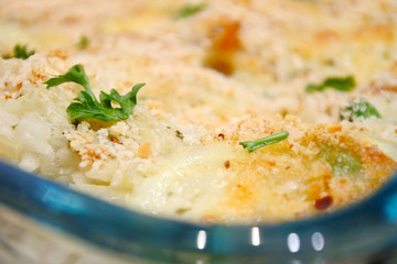 Tuna bake dish baked in a glasswear