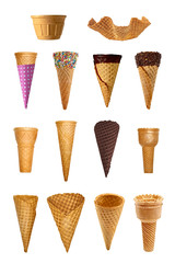 Group of different empty ice cream cones isolated on white background. Including clipping path