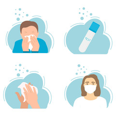 Vector set of icons on the theme of viral disease. A man sneezes into a handkerchief, hand disinfection, a doctor in a medical mask. Illustration in a flat style.
