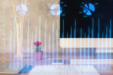 Double exposure of forex graph and work space with computer. Concept of international online trading.