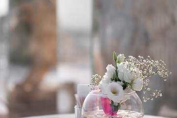 beautiful Wedding tables with sunny day. Beautiful wedding flower decorations. Wedding Set up