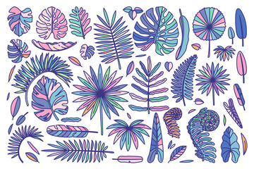 vector big exotic leaves set. cute drawn plant art