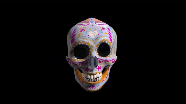 Seamless animation of a decorated mexican sugar candy skull isolated with alpha channel. Hypnotic halloween background for parties.