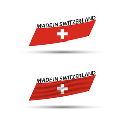 Two modern colored vector Swiss flags isolated on white background, flags of Switzerland, Swiss ribbons, Made in Switzerland