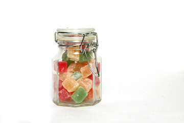glass can of turkish delight with swing stoppe isolated on white background