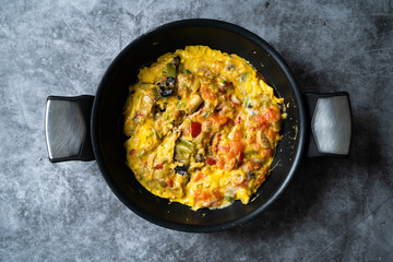 Healthy Organic Omelet with Eggplant, Vegetables and Cheese in Pan / Aubergine Omelette Ready to Serve and Eat.