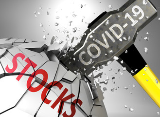 Stocks and Covid-19 virus, symbolized by virus destroying word Stocks to picture that coronavirus affects Stocks and leads to crisis and  recession, 3d illustration
