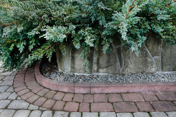Decorative small pebbles and a paving stones in the garden.