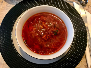 Traditional Russian Borscht Soup with Beetroot usually served with Sour Cream, Cheese or Yogurt.