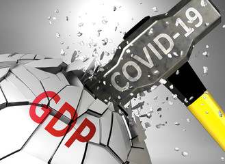 Gdp and Covid-19 virus, symbolized by virus destroying word Gdp to picture that coronavirus affects Gdp and leads to crisis and  recession, 3d illustration