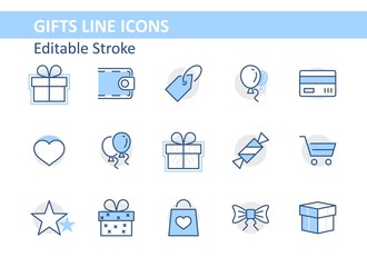 Set of gifts, vector line icons. Contains symbols gift cards, ribbons and more. Editable Stroke. 32x32 pixel.