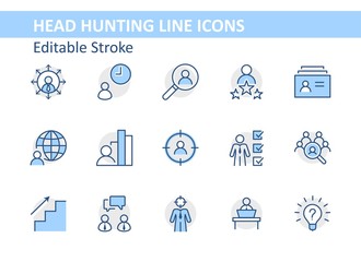 Set of Head Hunting Related Vector Line Icons. Contains such Icons as Career growth, Bulb, Candidate, Search, CV, Card Index, Outsource and more. Editable Stroke. 32x32 Pixel Perfect