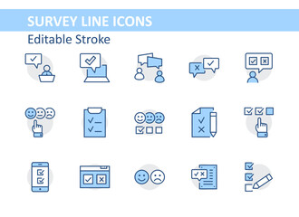 Set of Survey Related Vector Line Icons. Contains such Icons as Smile, Sad, Review, Click, Check, Customer Opinion, Web Survey and more. Editable Stroke. 32x32 Pixel Perfect
