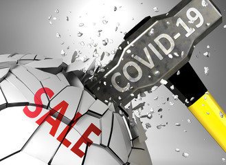 Sale and Covid-19 virus, symbolized by virus destroying word Sale to picture that coronavirus affects Sale and leads to crisis and  recession, 3d illustration