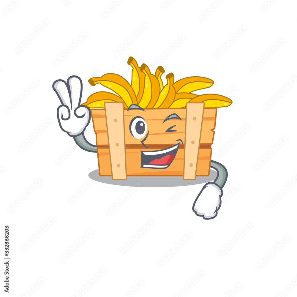 Sticker Cheerful banana fruit box mascot design with two fingers