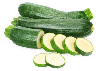 fresh green zucchini slices isolated on white background