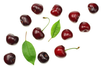 cherry with green leaf isolated on white background. Top view