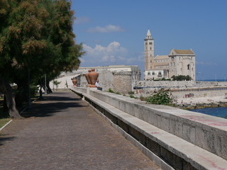 Trani – panorama of Cathedral of Saint Nicholas the Pilgrim from the ancient walls bordered by a terrace overlooking the Adriatic Sea in Villa Comunale park