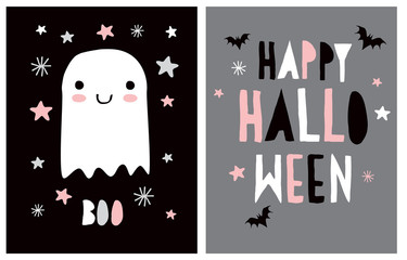 Halloween Vector Decoration for Little Kids. Spooky Party. Hand Drawn Illustration with Cute White Ghost and Flying Bats Isolated on a Black Background. Handwritten Happy Halloween on a Gray Layout. 