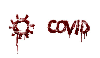 Corona virus symbols. Blood drips made on the brick wall with graffiti spray. COVID- 19 isolated on white, medical illustration