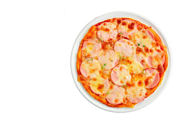pizza sausage, tomato sauce, cheese Menu concept, food background, diet. top view. copy space for text