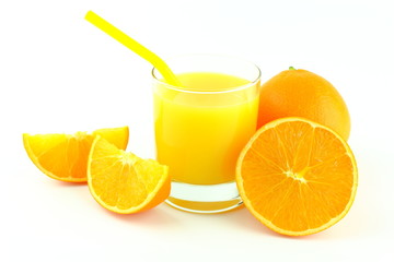 glass of orange juice and fresh orange fruits isolated on a white background