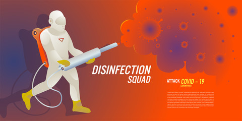 Illustration of disinfection team attack corona viruses, covid - 19