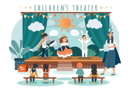 Children theater play, kids in costumes on stage, people vector illustration. Cute boy and girl performing in front of friends and schoolmates. Children theatrical performance, little princess