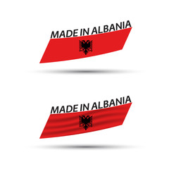 Two modern colored vector Albanian flags isolated on white background, flags of Albania, Albanian ribbons, Made in Albania