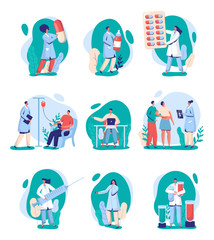 Doctor and medical assistant in healthcare center, patient in clinic, vector illustration. Set of stickers people cartoon characters, health care treatment in hospital. Pharmacy prescription, medicine