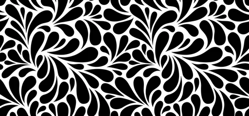 Behang Vector naadloze zwart-wit patroon met druppels. Monochroom abstracte bloemenachtergrond. © Oleksandra
