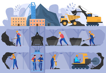 Coal mine industry, people working in underground caverns, vector illustration. Miners cartoon characters, coal extraction and transportation. Mining factory, men and machinery work in tunnels, set