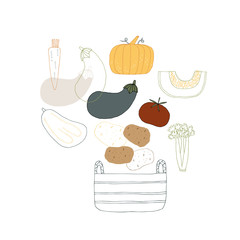 Healthy nutrition. Vegetables. Set of vector hand drawn icons.
