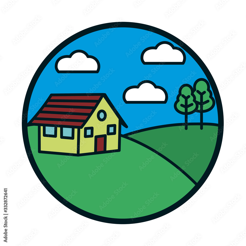 Poster house clouds and tree line and fill style icon vector design