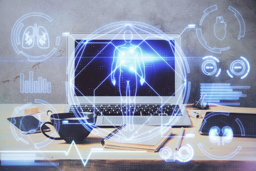 Desktop computer background and education theme drawing. Double exposure. Study concept.