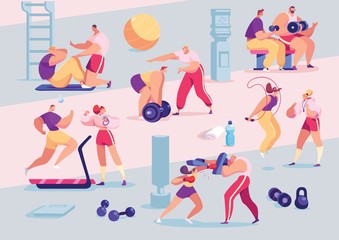 Sport people individual personal trainer coach in gym, cartoon sport characters workout vector illustration. Men women training exercising fitness center active healthy lifestyle. Yoga cardio training