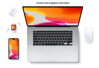 open laptop with smartphone, mouse, smartwatch and headphones top view isolated on white background. flat lay detailed and realistic gadgets mockup. stock vector illustration