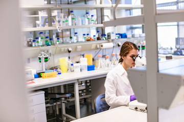 Scientists woman looking through microscope in lab